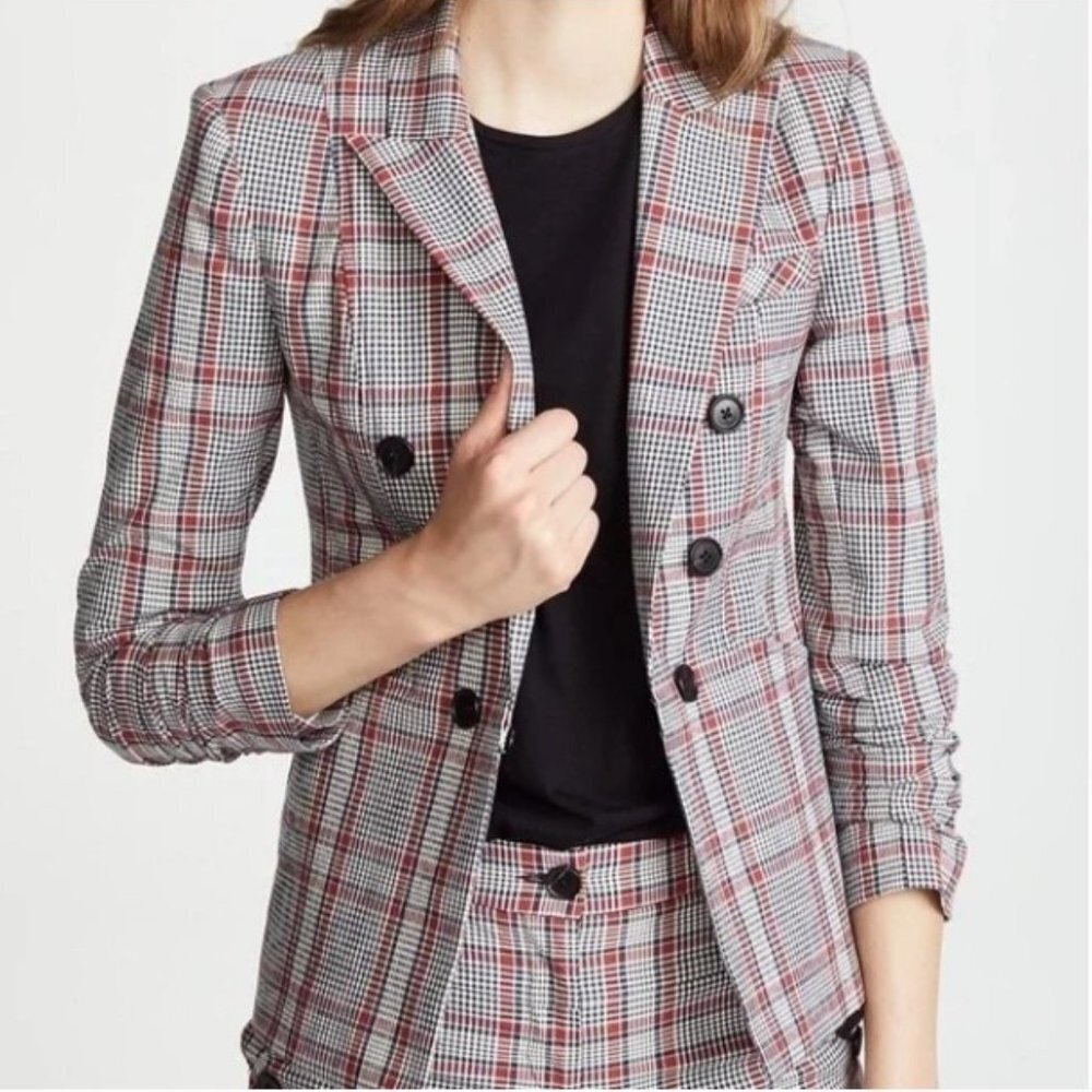 Veronica Beard Red and Black Glen Plaid Double-Breasted Blazer